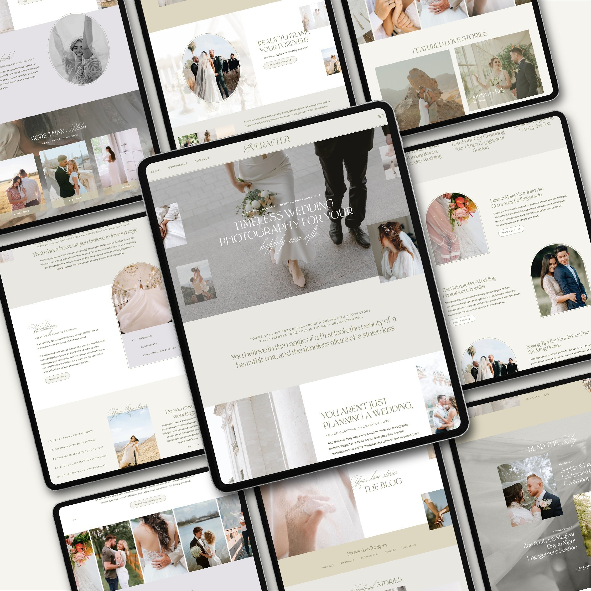 Multiple page previews of a romantic, high-end wedding photography site—designed by customizing a Showit template.