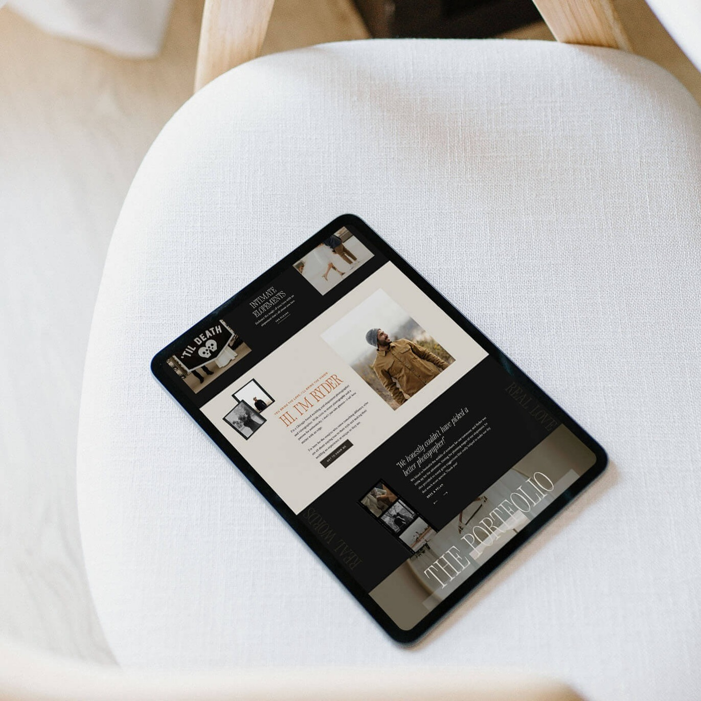 Tablet displaying a photography website design created with Showit + WordPress Blog Integration for seamless branding.