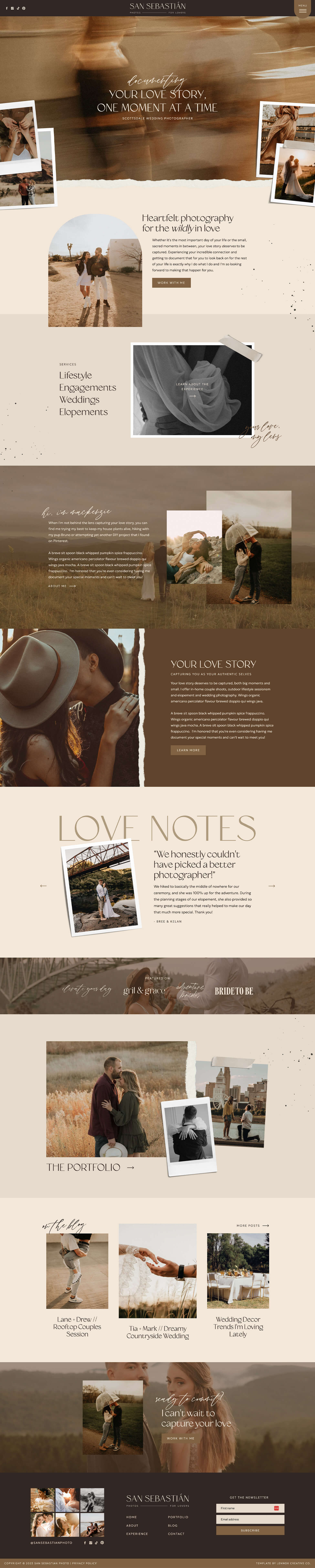 Example of how to customize a Showit template using brand imagery, earthy colors, and editorial layout from a photography demo site