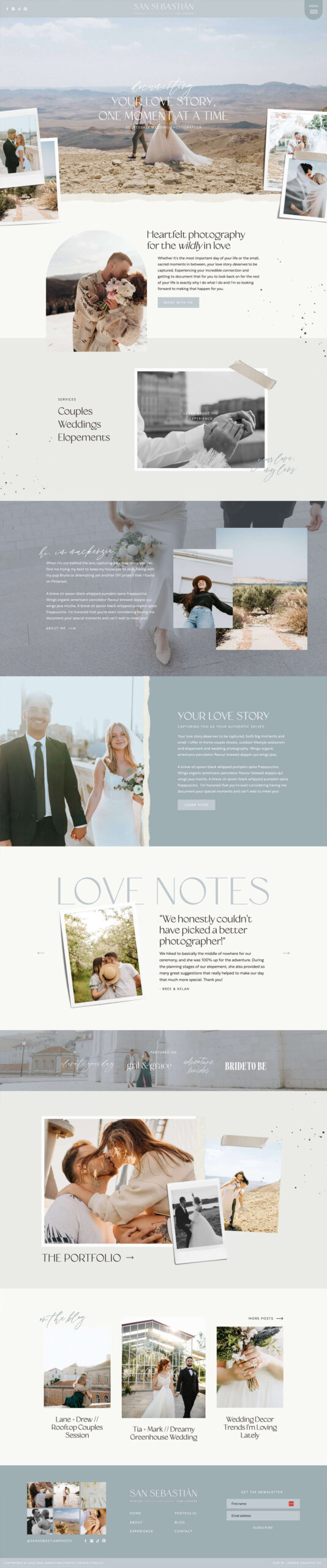 Bright and romantic template using soft blue accents, modern fonts, and light-filled photography