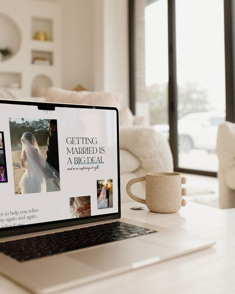 Laptop on a desk displaying a wedding photography website with the text “Getting Married Is a Big Deal.