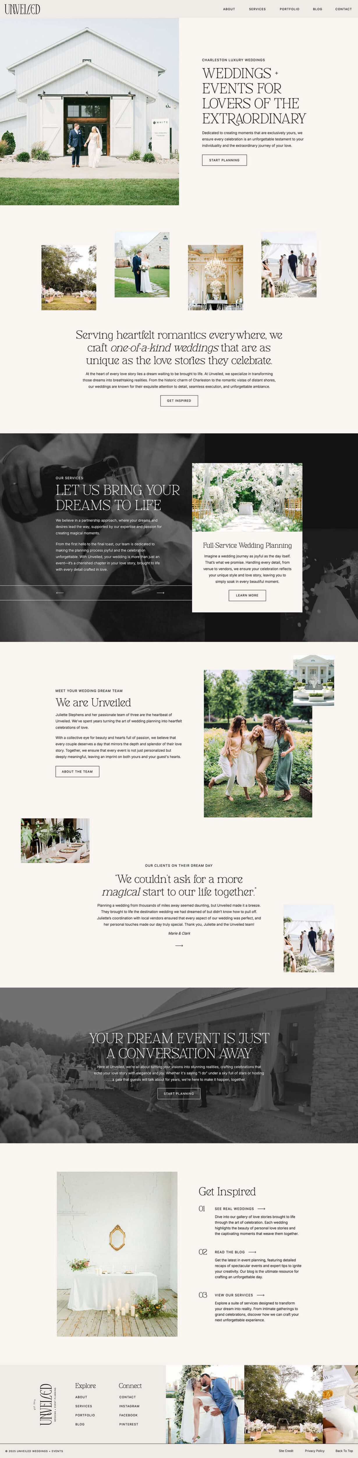Minimal and modern Showit template example featuring black and white accents, editorial typography, and bright wedding photography.