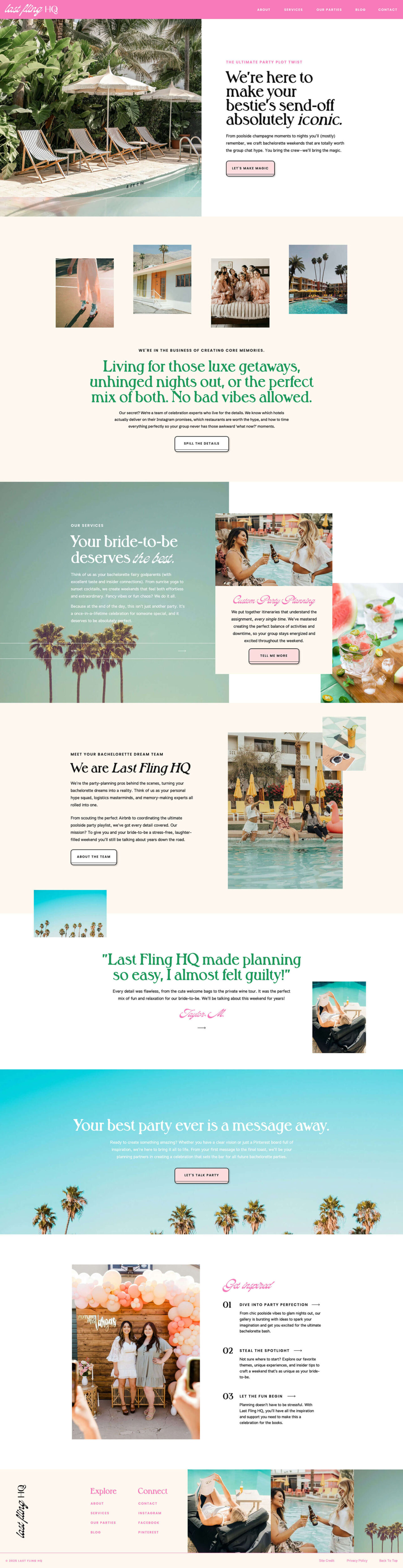 Colorful and playful Showit template design featuring palm trees, pastel tones, and vibrant event photography for a fun, modern brand.
