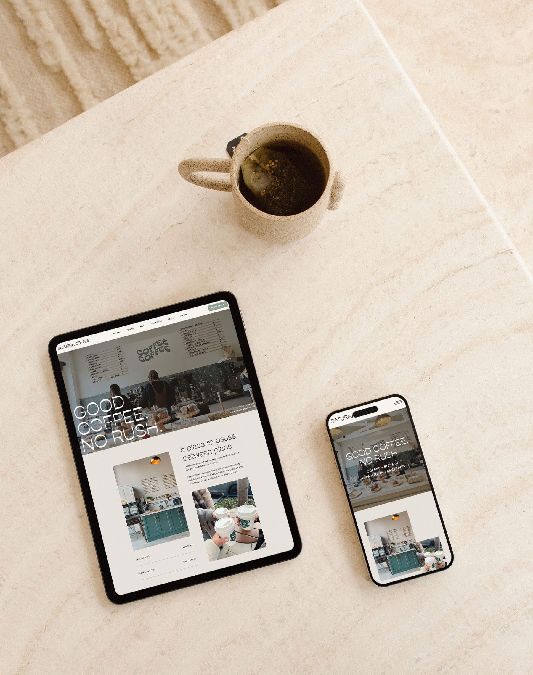 Flat lay of iPad and iPhone showing a Showit coffee shop website template.